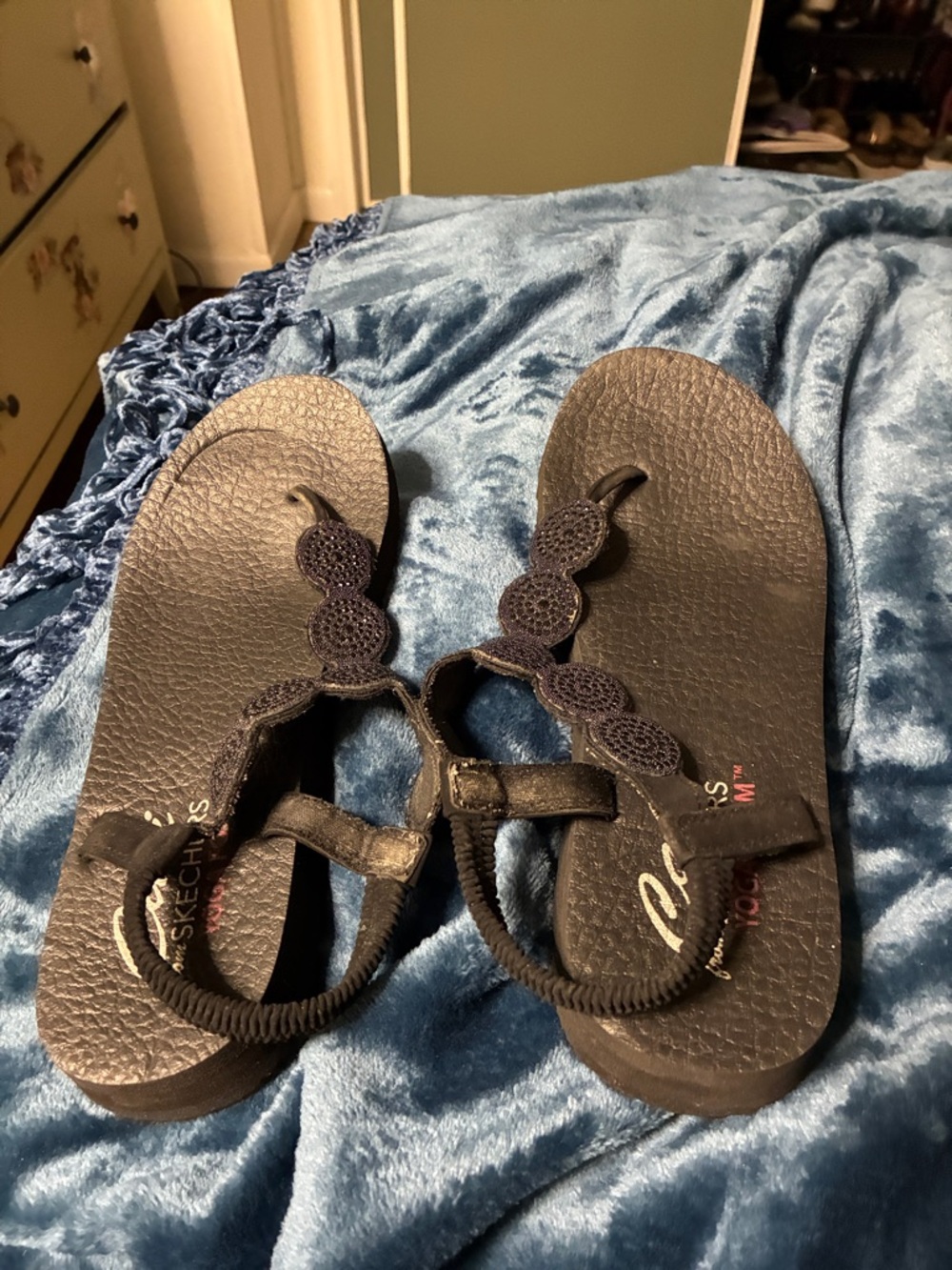 Skechers Black Beaded T-Strap Sandals